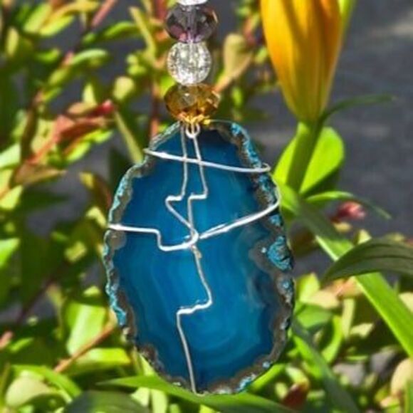 Teal Agate Gemstone Beaded Tree of Life Charm Window Sun Catcher - Picture 3 of 3